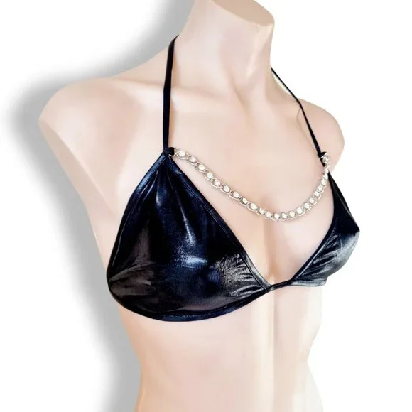 Metallic black wet-look triangle bralette + gathered tie hot pants Fits AU 6-10 - Picture 15 of 16